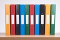 Row of coloured office document folders on shelf Royalty Free Stock Photo