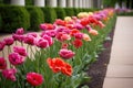 a row of colourful blooming tulips in the flower bed Royalty Free Stock Photo