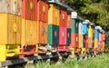 row of colourful wooden beehives or bee hives