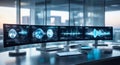 A row of computer monitors displaying complex data visualizations in a modern office Royalty Free Stock Photo