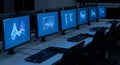 Row of Computer Monitors Displaying Data Graphs in a Dimly Lit Room computers screens Royalty Free Stock Photo