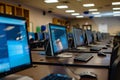 A row of computer monitors placed neatly on top of a desk in a classroom or office setting, Computers and tablets sitting on Royalty Free Stock Photo
