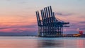 Row of container terminal cranes at red colored sunset, Port of Antwerp, Belgium Royalty Free Stock Photo