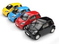 Row of cool urban modern compact cars - various colors - top view