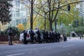 Row of cops in riot gear in Portland, Oregon. Royalty Free Stock Photo