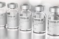 Row of COVID-19 vials vaccine. 3D rendering illustration