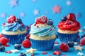 A row of cupcakes with red frosting and blue and white striped paper cups with Generative AI Royalty Free Stock Photo