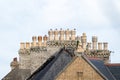 Row of cute wild birds sat on top of beautiful old group of Victorian era period chimney pots Royalty Free Stock Photo