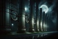 row of dark factory pipes at night in rays of moon industrial modern 4.0