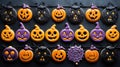 a row of decorated halloween cookies sitting on top of a table next to bats and jack - o\'- lanterns