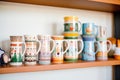 row of decorative mugs on shelf