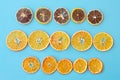 Row of dehydrated citrus fruits as lemons, tangerines, oranges on blue background Royalty Free Stock Photo