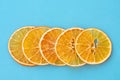 Row of dehydrated citrus fruits as oranges on blue background Royalty Free Stock Photo