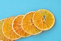 Row of dehydrated citrus fruits as oranges on blue background. Slices of dried citrus fruits. Royalty Free Stock Photo