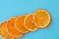 Row of dehydrated citrus fruits as tangerines on blue background Royalty Free Stock Photo