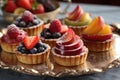 a row of delicate french fruit tarts with glistening glaze