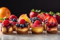 a row of delicate french fruit tarts with glistening glaze