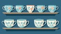 A row of delicate porcelain teacups drying on shelves handpainted with intricate floral patterns.. Vector illustration. Royalty Free Stock Photo