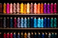 Row of different colored spools of thread on shelf. Generative AI Royalty Free Stock Photo