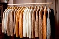 Row of different colorful Knitted warm sweaters hang on hangers, Rack with stylish women\'s clothes autumn colored. Royalty Free Stock Photo
