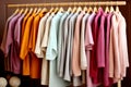 Row of different colorful Knitted warm sweaters hang on hangers, Royalty Free Stock Photo