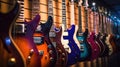 A row of different electric guitars hanging in a modern musical shop. Generative Ai Royalty Free Stock Photo