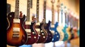 A row of different electric guitars hanging in a modern musical shop. Generative Ai
