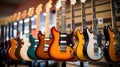 A row of different electric guitars hanging in a modern musical shop. Generative Ai Royalty Free Stock Photo