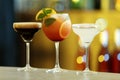 Row of different fresh alcoholic cocktails on bar Royalty Free Stock Photo