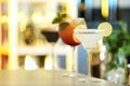 Row of different fresh alcoholic cocktails Royalty Free Stock Photo