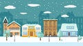 Row of different houses along the street with trees and lanterns winter landscape. Flat design. Vector illustration Royalty Free Stock Photo