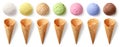 Row of different ice cream scoops and cones Royalty Free Stock Photo