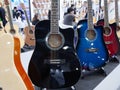 Row of different new shiny acoustic guitars on a stand in a music store Royalty Free Stock Photo