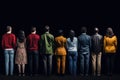 A row of different people standing with their backs on a black background. cancel culture concept. Royalty Free Stock Photo