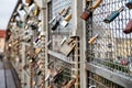 a row of different sized padlocks on the bridge railing