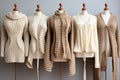 Row of different stylish fashion knitted jackets coat winter clothes