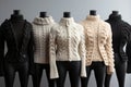 Row of different stylish fashion knitted jackets coat winter clothes