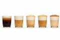 Row of different types of coffee drinks in glasses on white background. Generative AI Royalty Free Stock Photo