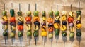 a row of different types of vegetables on skewers