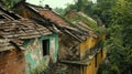 A row of dilapidated houses their roofs caved in and their walls visibly leaning and unstable Royalty Free Stock Photo