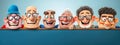 A row of diverse, photorealistic 3D caricature men with exaggerated features leaning over a blue barrier