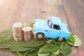 A row of dollar coins surrounded by fresh green leaves and cars climbing on them