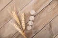 A row of dollar coins and three branches of ripe wheat ears on a wooden board background Royalty Free Stock Photo