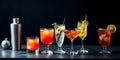 A row of drinks on a table, including a martini, a lemonade, and a margarita Royalty Free Stock Photo