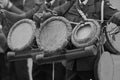 Black and White Closeup of Marching Drummers Royalty Free Stock Photo