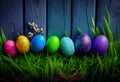 Row of Easter eggs in Fresh Green Grass, AI Generated Royalty Free Stock Photo