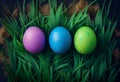 Row of Easter eggs in Fresh Green Grass, AI Generated Royalty Free Stock Photo