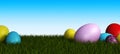 Row of Easter eggs on grass with a blue background Royalty Free Stock Photo