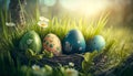 Row of Easter eggs in green grass in sunlight. Stylish tender spring template with space for text. Ai generated Royalty Free Stock Photo