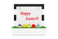 Row of Easter Eggs in Outdoor Banner Desk Display with Happy Easter Sign and Grass. 3d Rendering Royalty Free Stock Photo